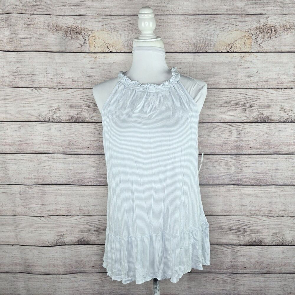 LOFT High Neck Ruffle Peplum White & Blue Striped Tank Top Blouse Large NWT